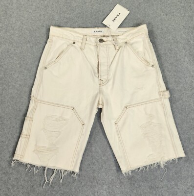 Frame Utility Bermuda Short Off White Ripped Size 26 Le Slouch NWT Distressed