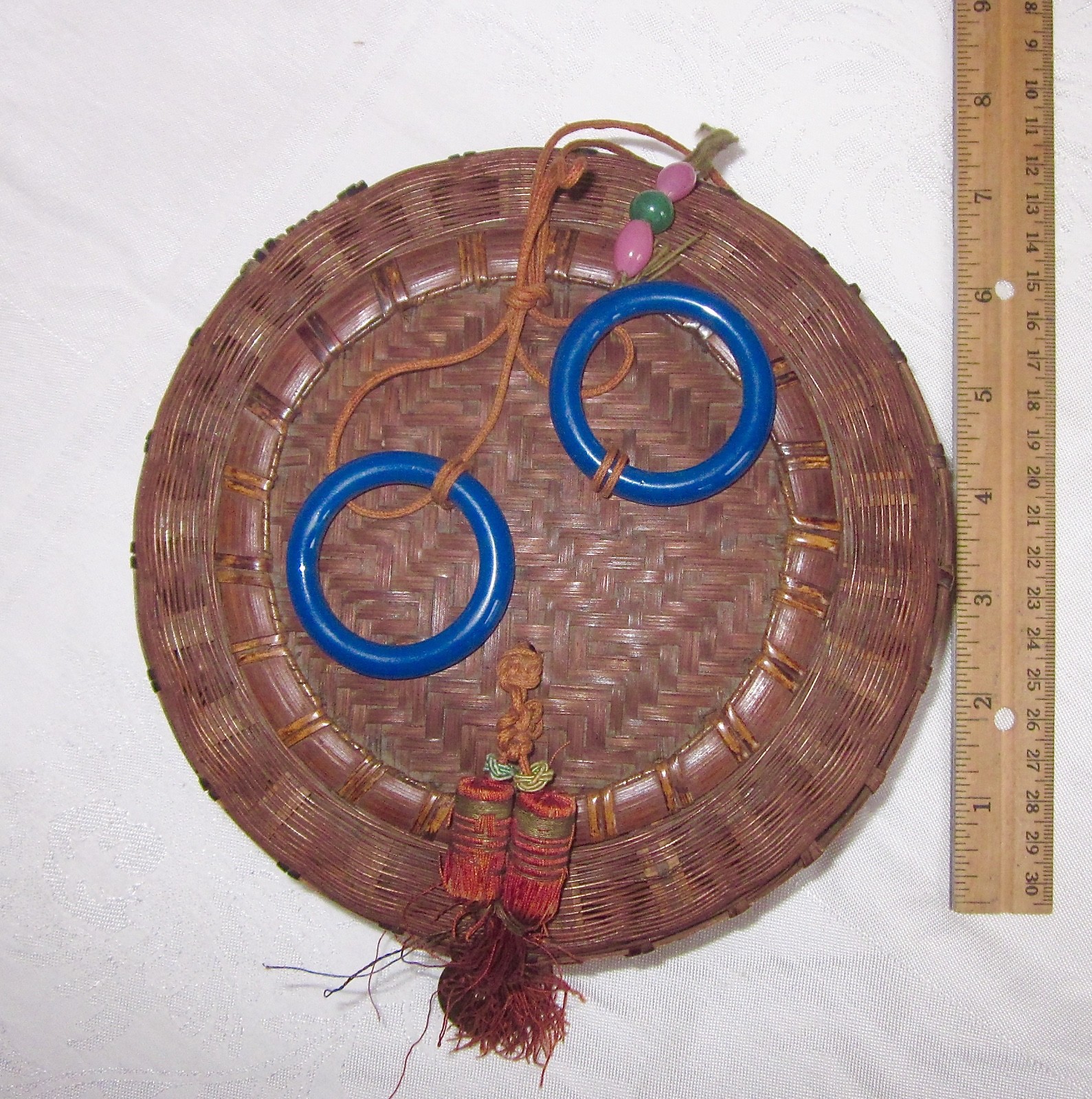 Antique CHINESE BASKET Glass Handles Peking Glass Beads Coin Sewing 1900s