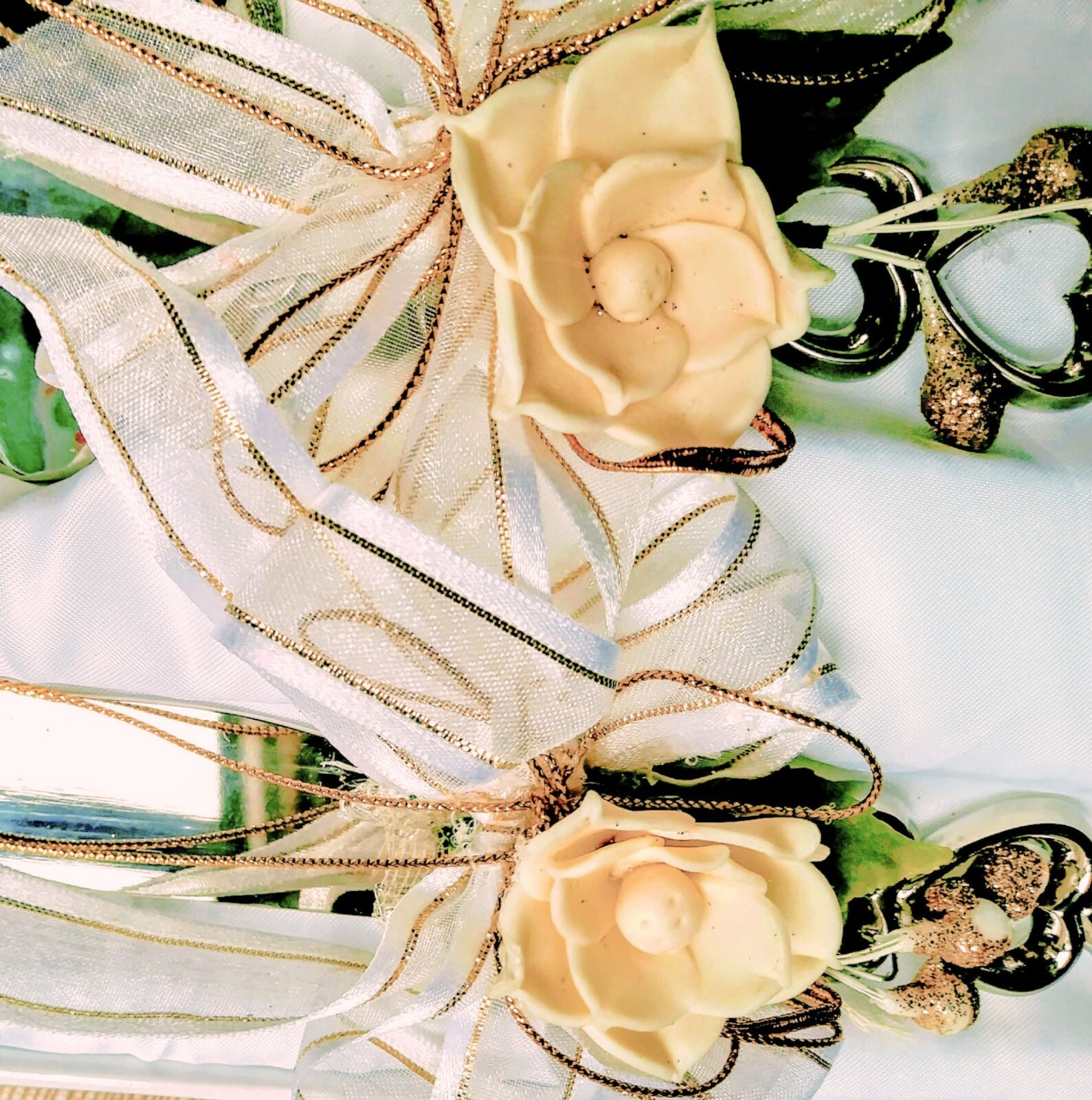 Wedding Party Cake Knife & Server Set with Hearts & Floral accents, stainless