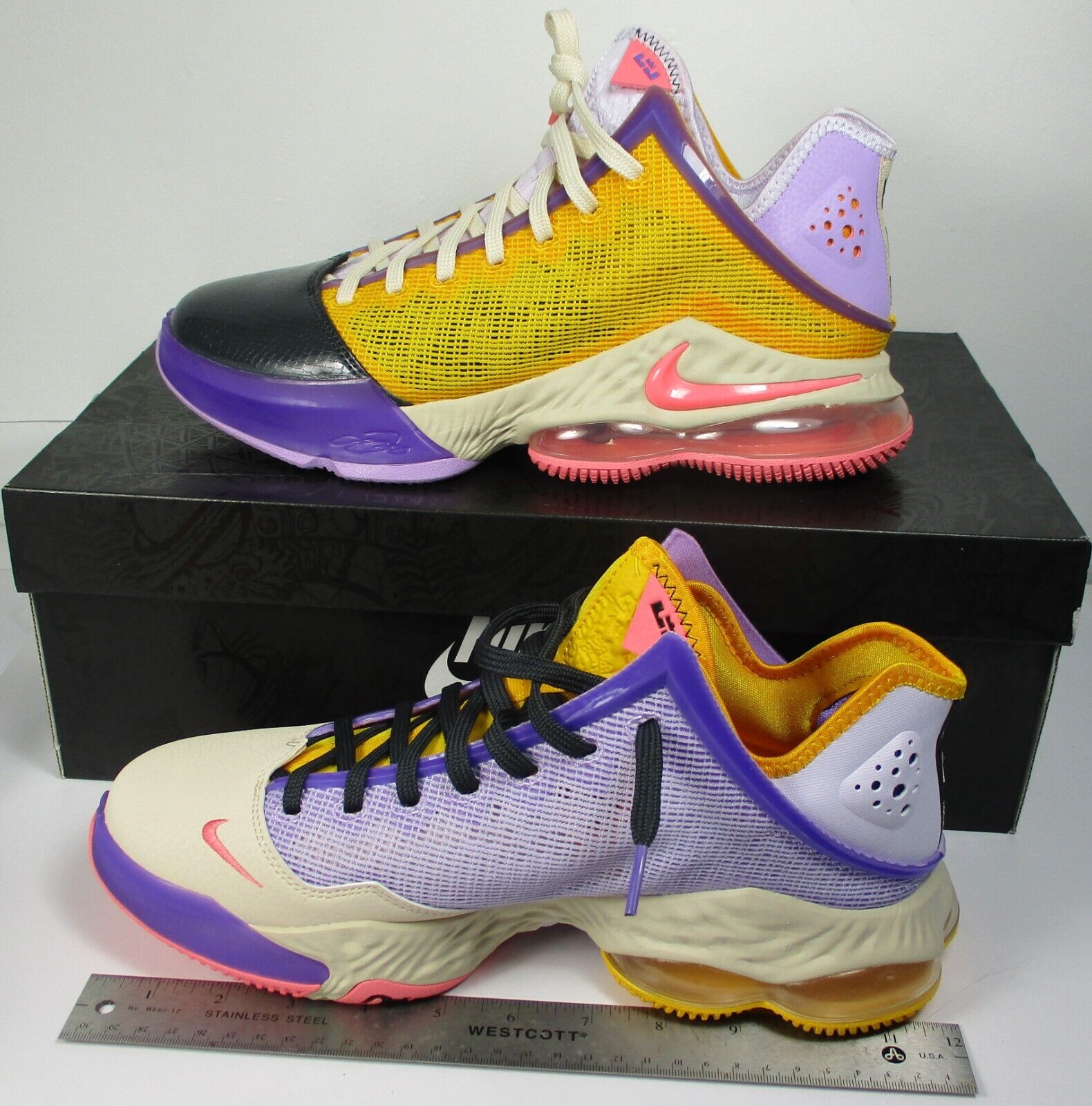 NEW Nike LeBron James XIX 19 Low Lakers Mismatch Pink Yellow NEW Nike LeBron James XIX 19 Low Lakers Mismatch Pink Yellow