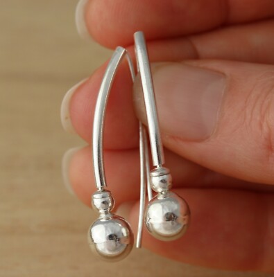 925 Sterling Silver Stylish Plain Ball Drop Earrings Pull Through Earrings Boxed