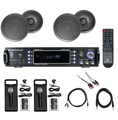 Karaoke Bluetooth Amp/Mixer+(4) 8'' Black Ceiling Speakers+(2) Microphones
