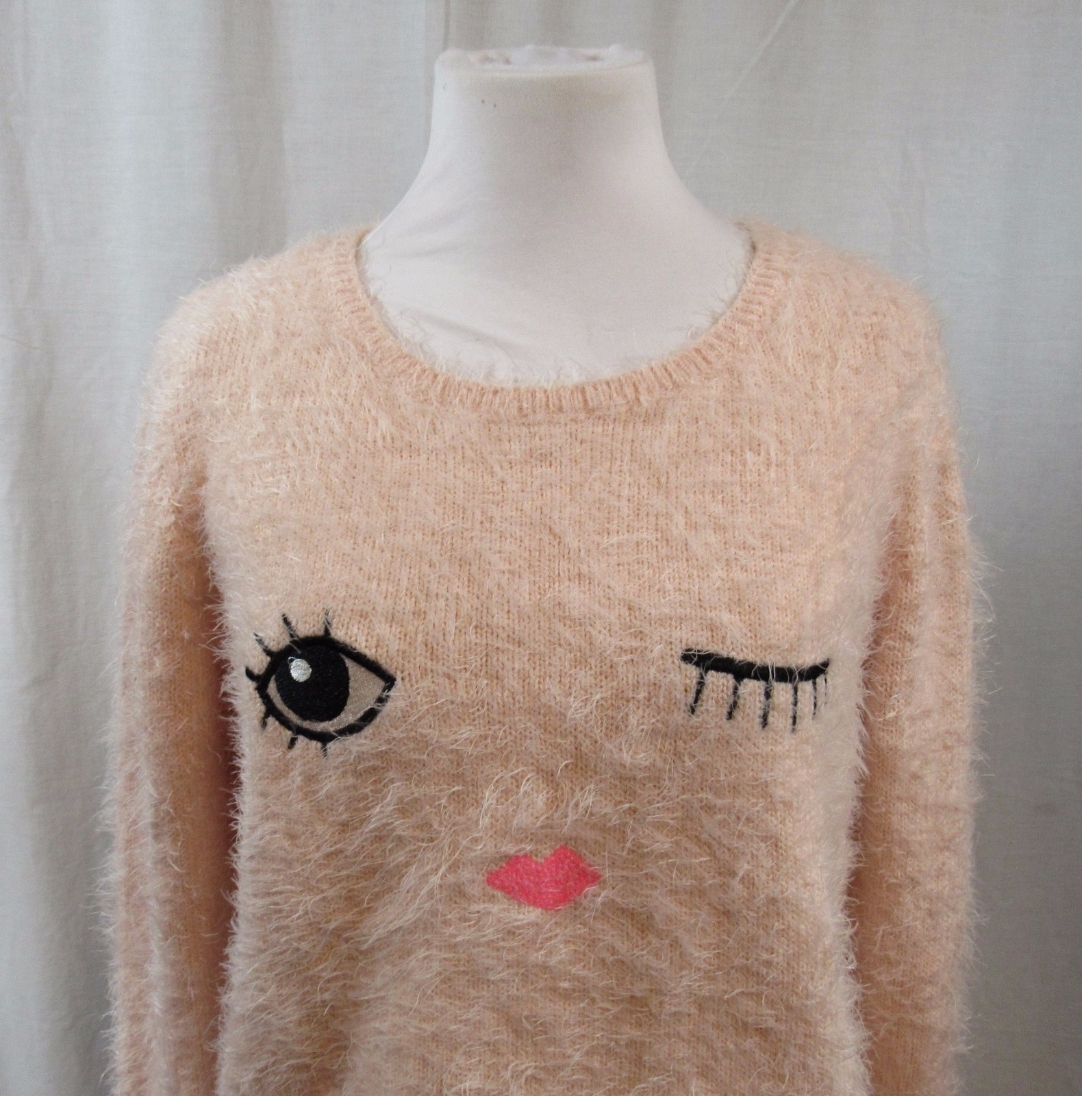 H&M Pink Fuzzy Winking Face Sweater 14