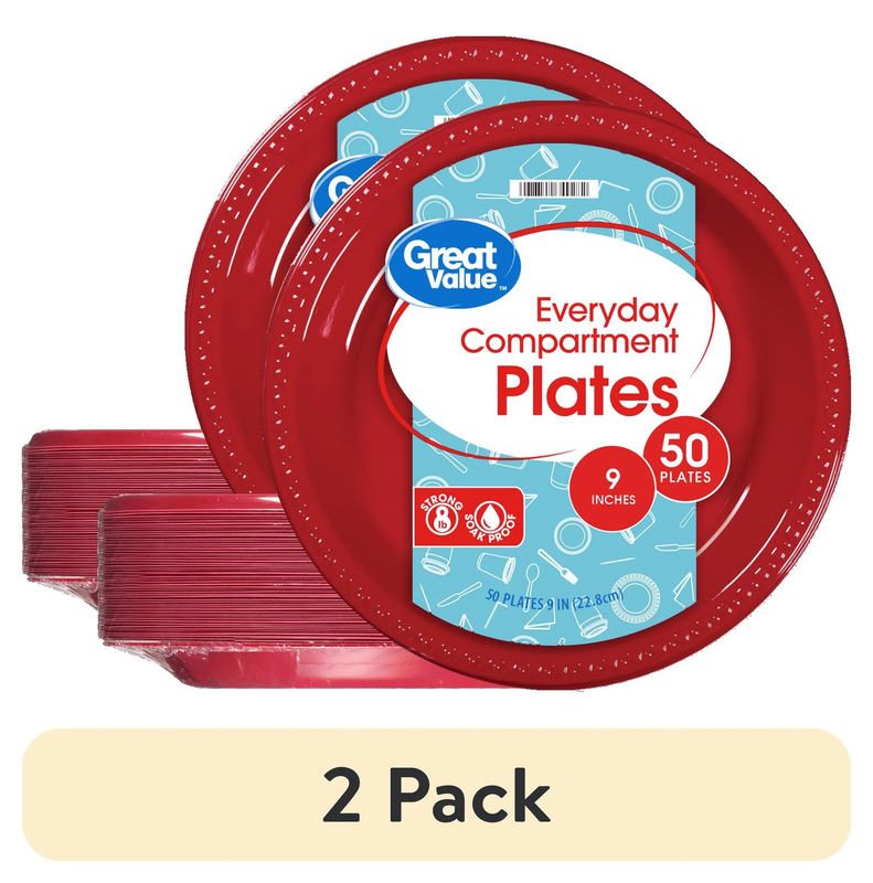 (2 Pack)  Everyday Disposable Plastic Plates, Red, 9