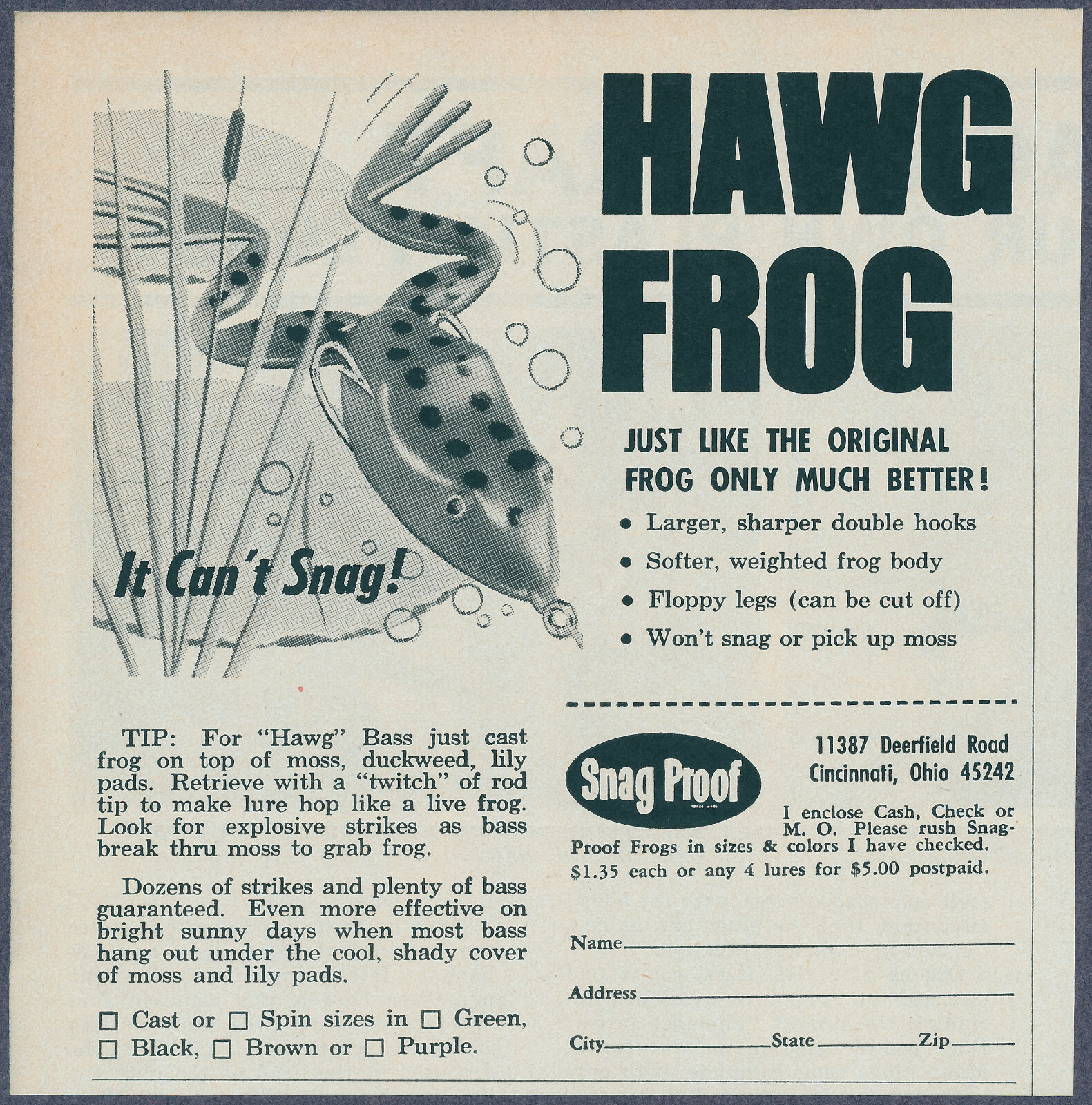 Snag Proof Hawg Frog Bass Fishing Lure Vintage Magazine Print Ad 1976の