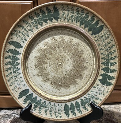 J. Dubin Studio Art Pottery 13  Charger Plate Handmade Green Botanical Leaf ?