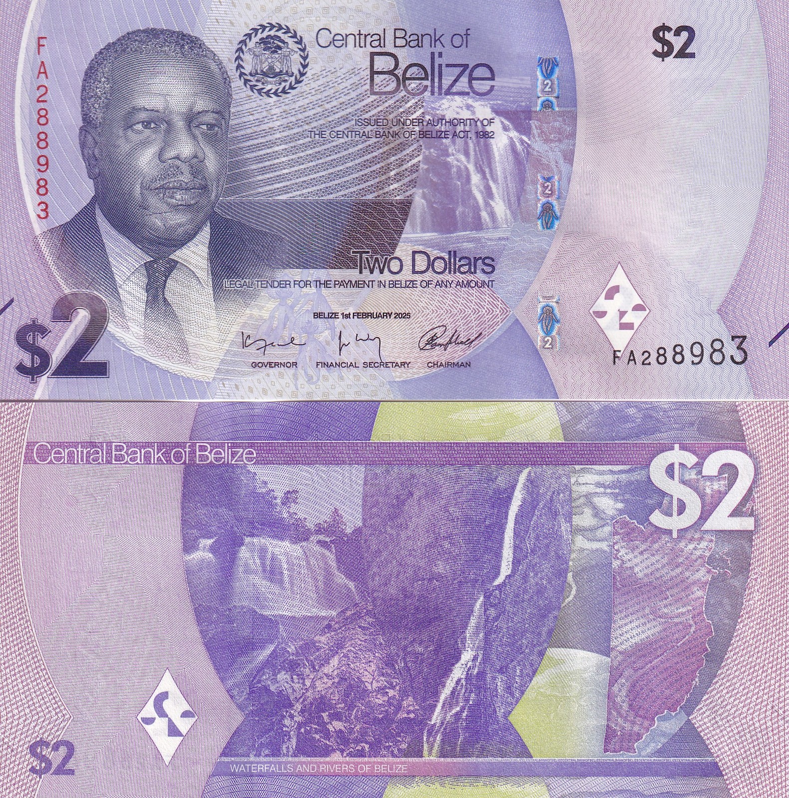 Belize 2 Dollars 2025 P 73 NEW Design Waterfalls UNC NHB