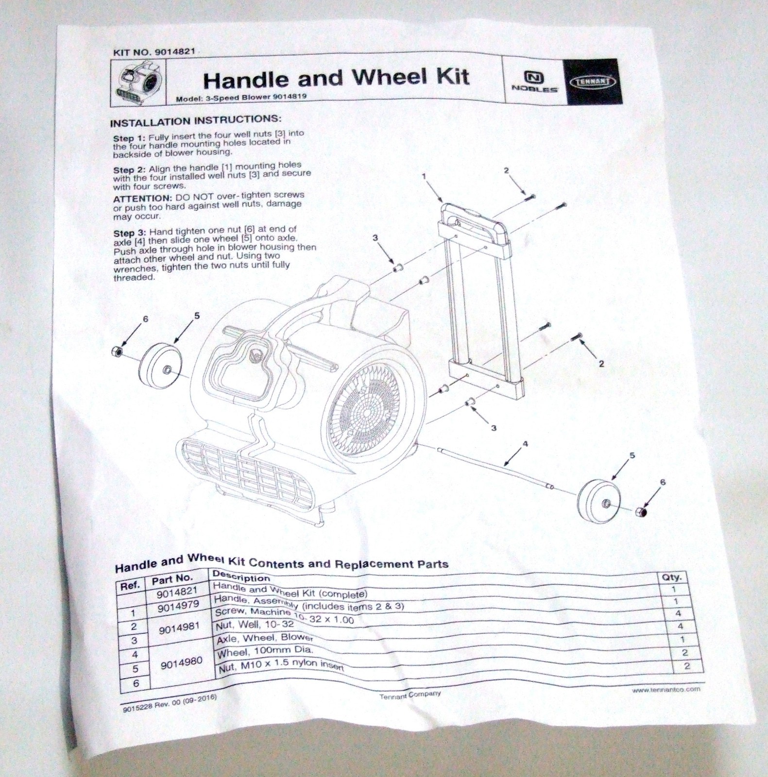Handle and Wheel Kit 9014821 for Tennant / Nobles 3-Speed Blower