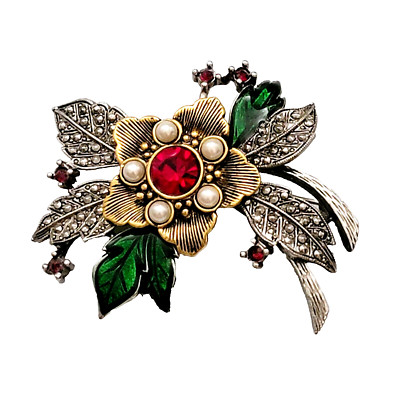 Vintage Avon Christmas Poinsettia Brooch Pin Marcasite Rhinestones Faux Pearls