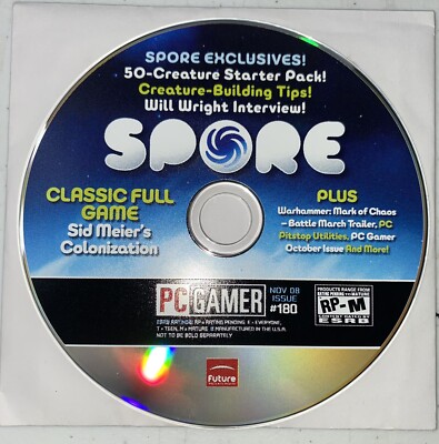 PC Gamer Magazine CD ROM Demo Disc SPORE Classic Full Game Sid Meier s Nov 08