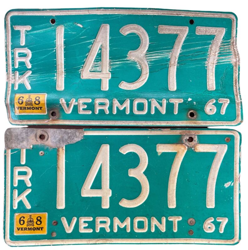 VERMONT State Truck License Plates #14377 (1967-68)  Set of 2 with Big Numbers