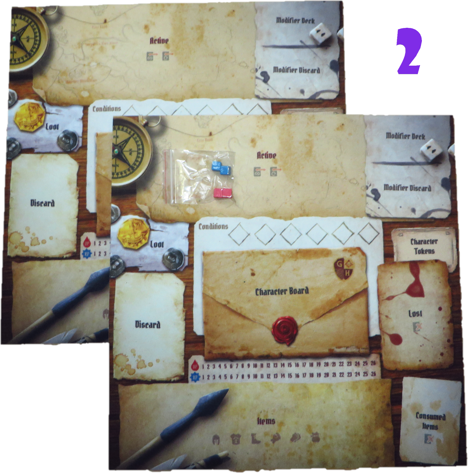 Gloomhaven bundle (Wood Insert, Removable sticker set and 2 Player mats)