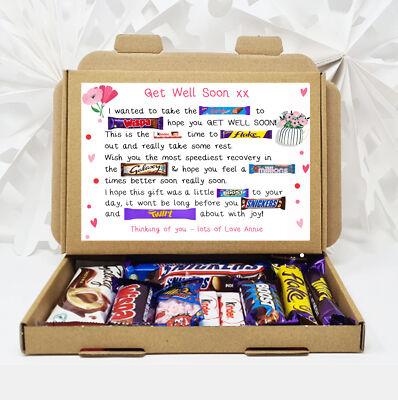Personalised Get well soon Gift Treat Hamper Chocolate Hug Take a break Ill Op