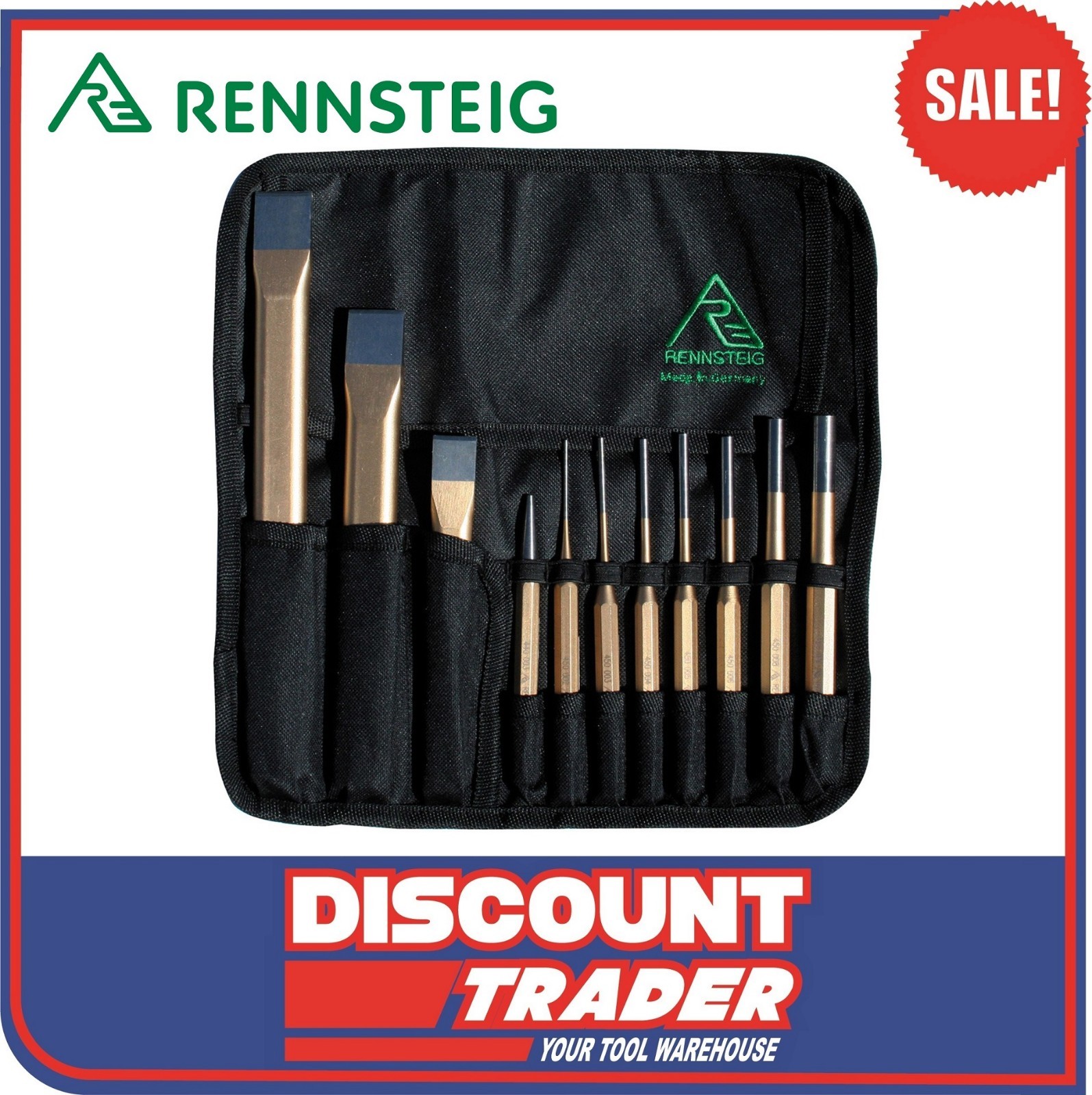 Rennsteig Chisel & Punch Set in a Tool Roll 11 Piece 'Made in Germany