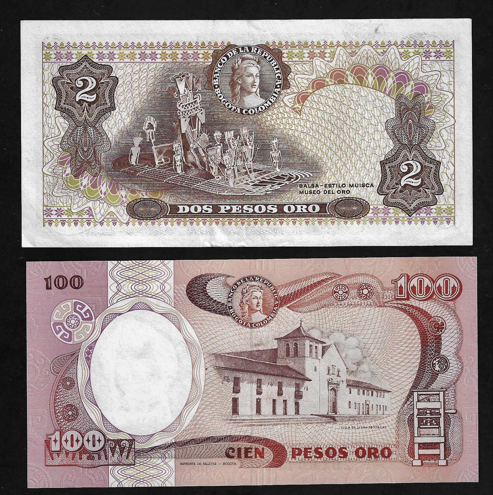 COLOMBIA(2)BANK NOTE 2 PESOS 1.1.1973 P 413, 100 PESOS 1.1.1983 P 426 A  ALL UNC
