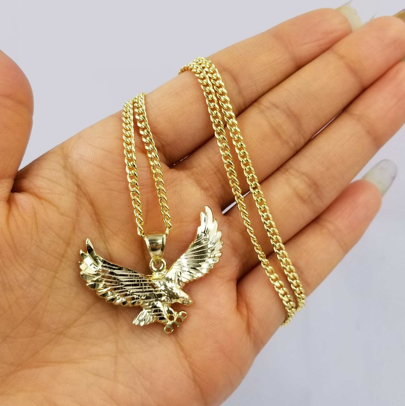Pre-owned Globalwatches10 Real10k Yellow Gold Flying Eagle Charm Pendent Miami Cuban Chain 3mm 18 20 22 24