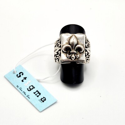 Stigma Men's Silvertone and Black Fleur de Lis Wide Ring~  Size 9