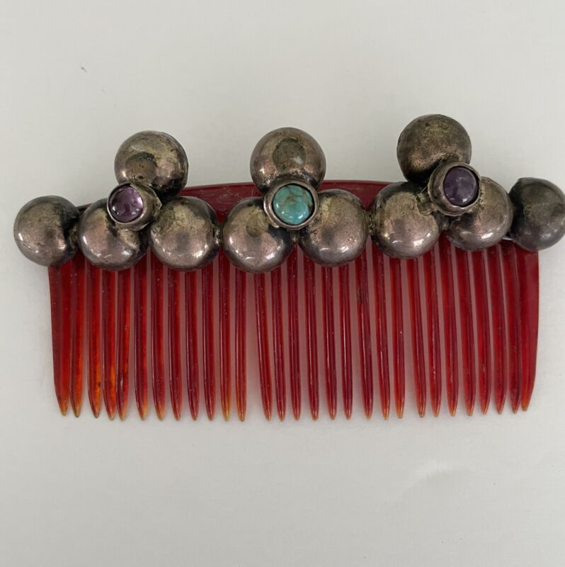 VINTAGE MEXICAN STERLING SILVER Unmarked TURQUOISE PURPLE STONES HAIR COMB