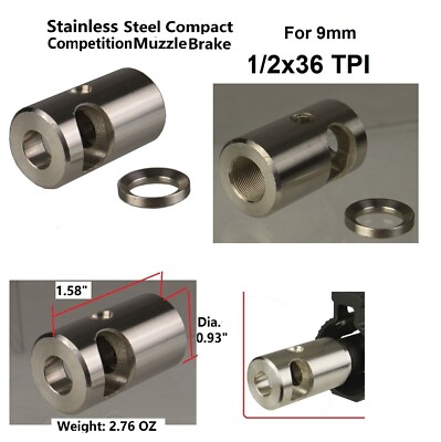 Compact Low Concussion Competition Muzzle Brake Compensator 1/2x36 TPI For 9mm