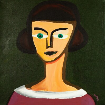 Original Painting Art Cute Girl Vintage Green Purple Portrait Minimal Zac Webb