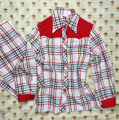 Vintage 70s Plaid Western Two Piece Pantsuit Set! Perfect Fall Bellbottom Set