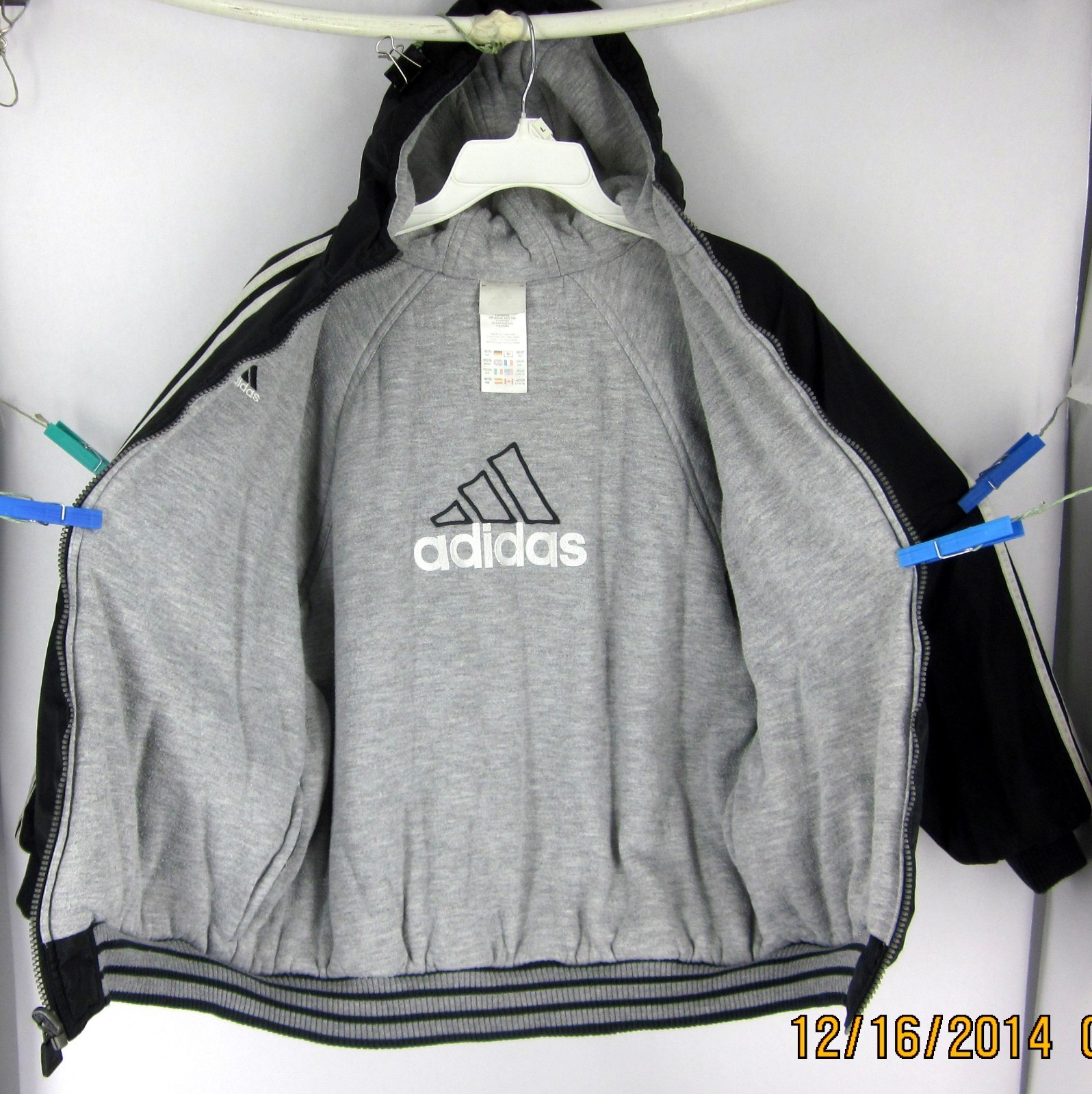 ADIDAS Reversible Black Gray 3 Stripe Full Zip Up Jacket Coat Size Large 14-16