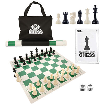 WE Games Best Value Tournament Chess Set, Green Board, Pieces, Bag, Instructions