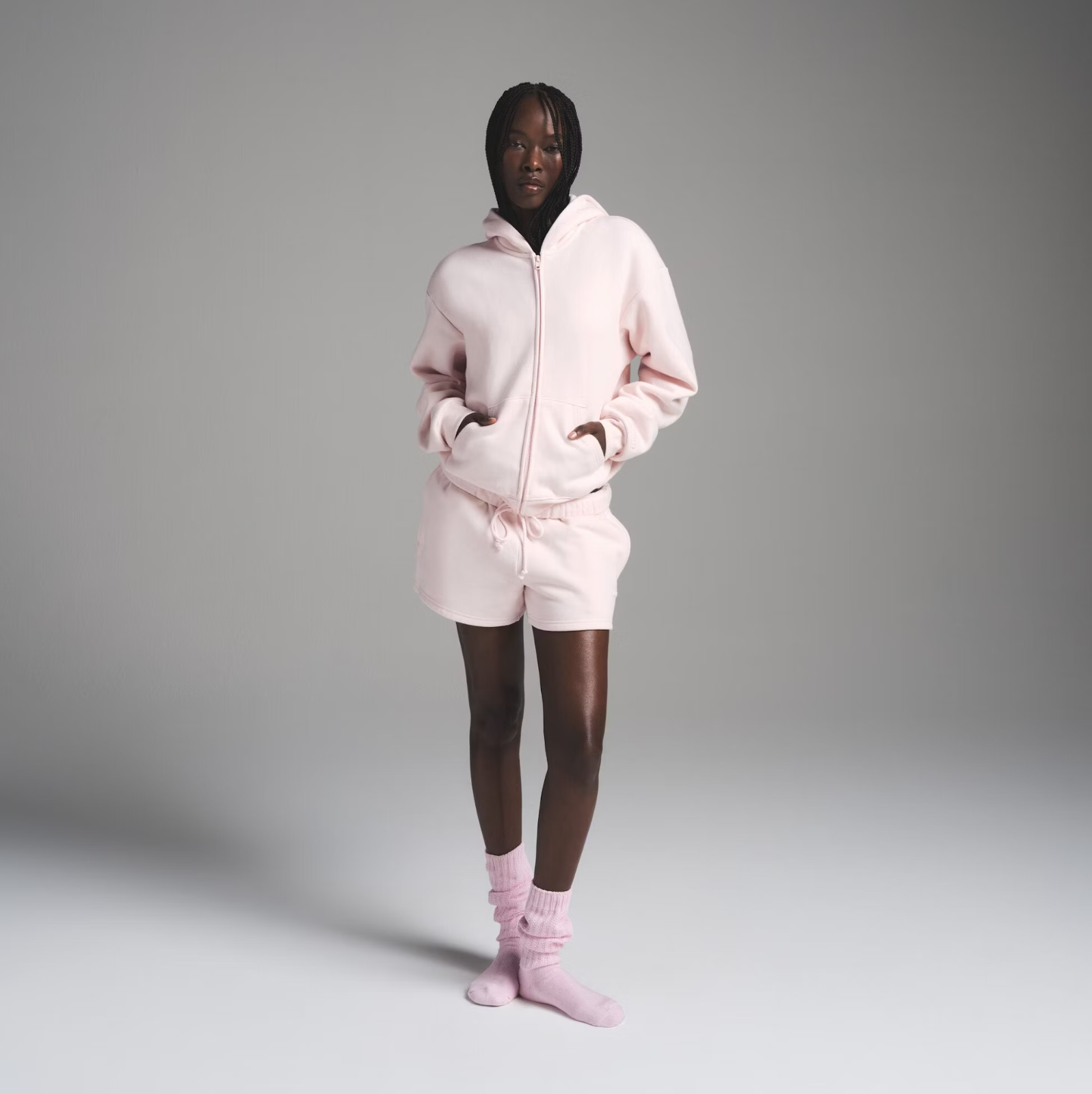 Skims Cotton Fleece Classic Zip Up Hoodie in Barely Pink