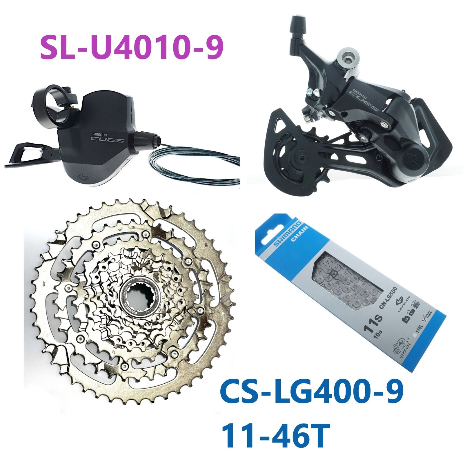 Shimano CUES U4000 Series 1x9 Spd MTB 11-46T SL-RD-CN-CS Shimano CUES U4000 Series 1x9 Spd MTB 11-46T SL-RD-CN-CS