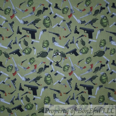 BonEful Fabric FQ Cotton Quilt Green Camo Silver Hand Gun Men Cabin Hunt Animal