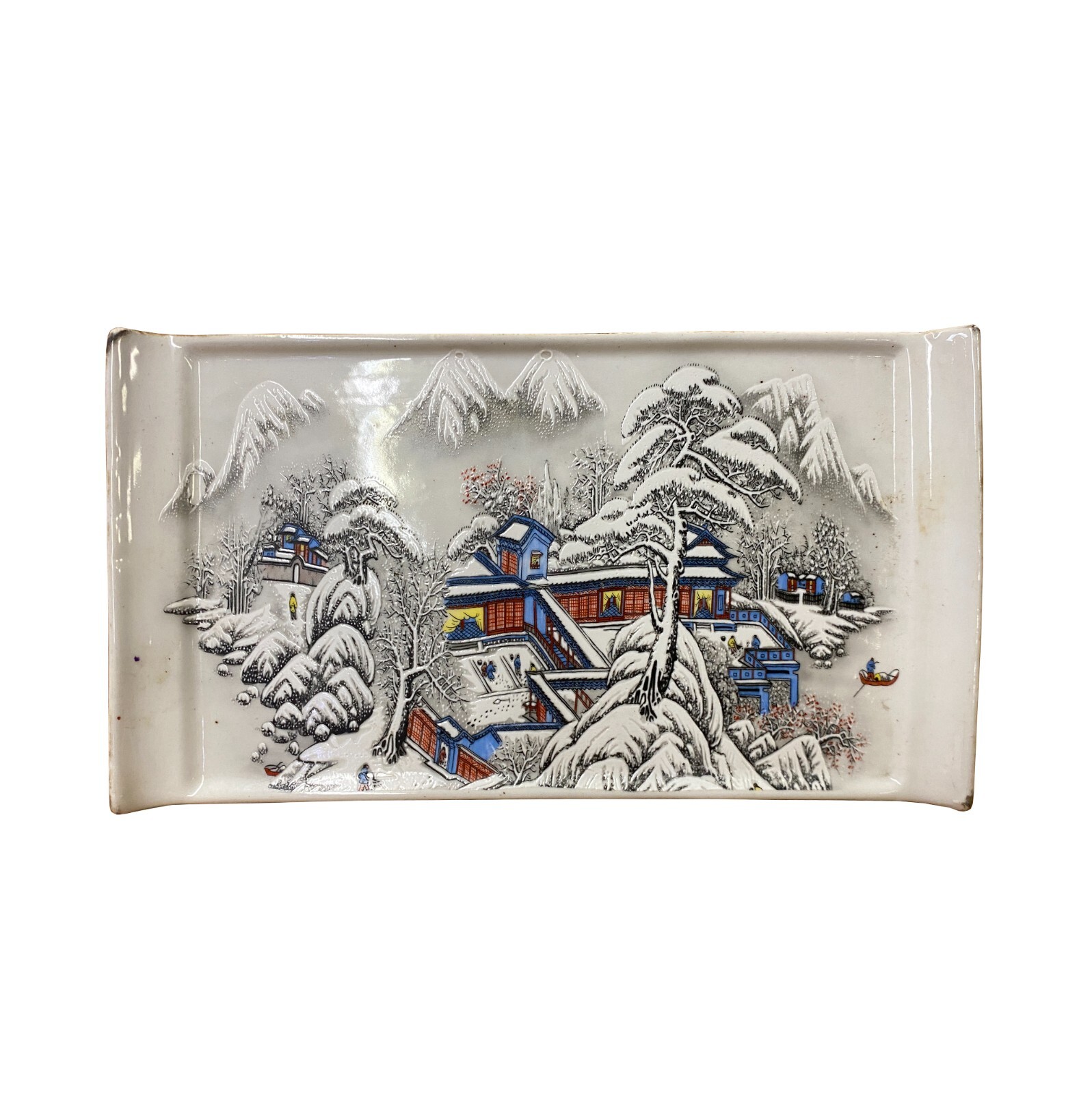 Distressed White Porcelain Snow Trees House Rectangular Display Plate ws3204S Distressed White Porcelain Snow Trees House Rectangular Display Plate ws3204S