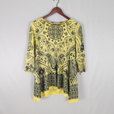 Coco's Clozet Womens Shirt Small Tunic Top Yellow Floral Long Sleeve Round Neck