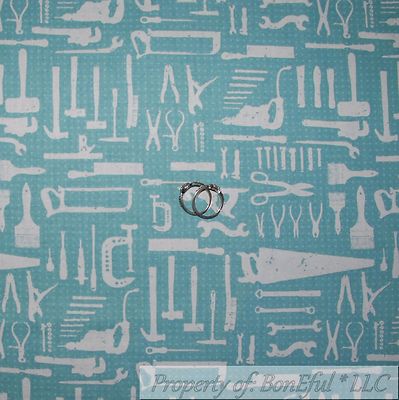 BonEful Fabric FQ Cotton Quilt Blue Wood Craft Tool Garage Craftsman Sale Retro 