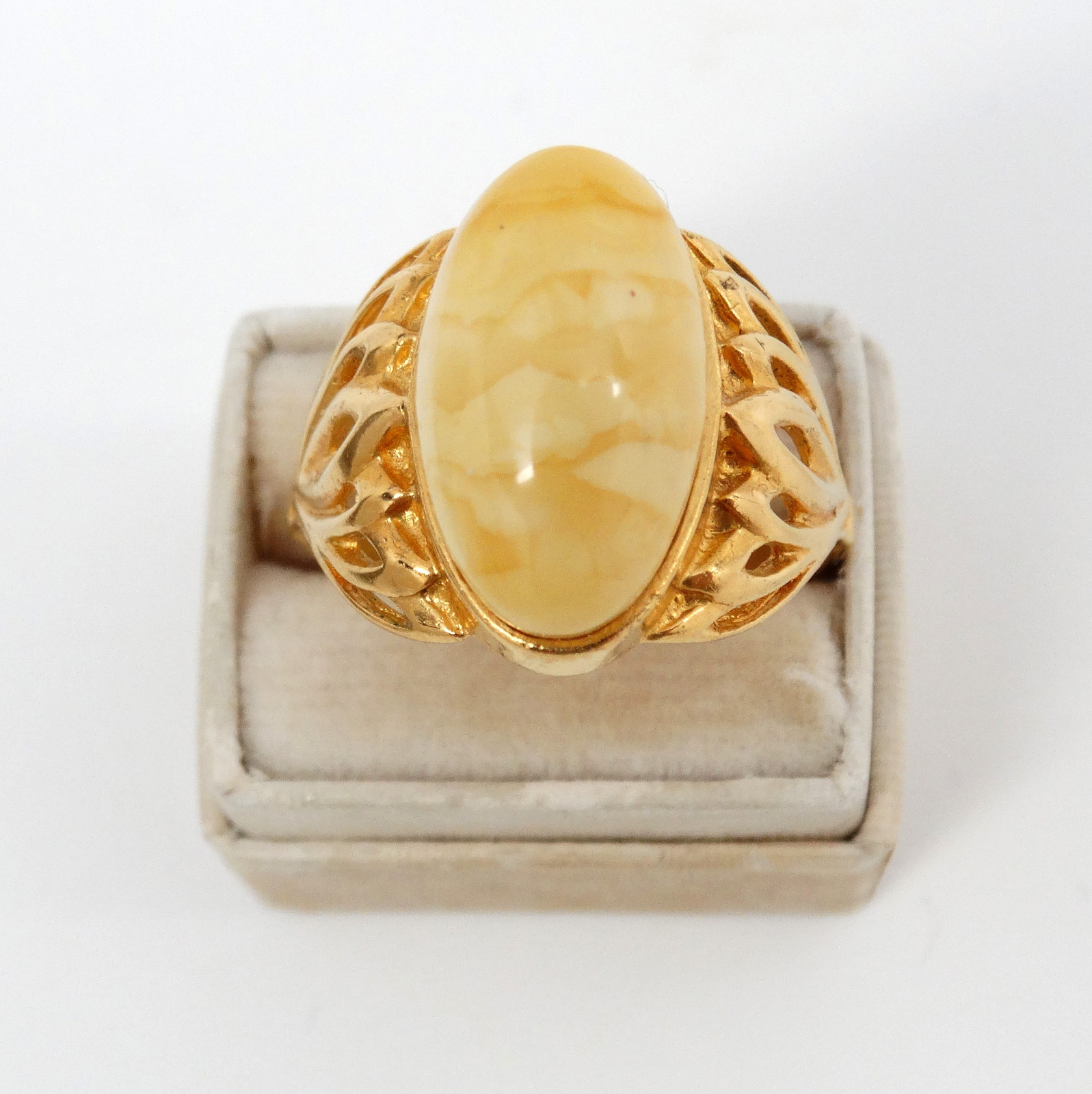 Vtg Russian Gold Plated Butterscotch Amber Domed Cabochon Cocktail Ring Sz 9.75