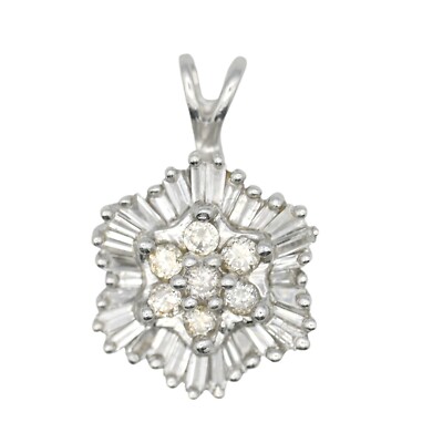 MODERN BAGUETTE ROUND DIAMOND HALO SNOWFLAKE PENDANT 14K WHITE GOLD SIGNED 