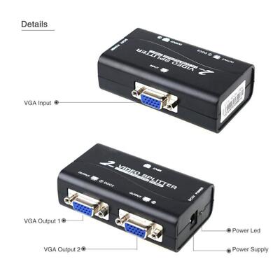 1 PC to 2 Monitor 2 Port VGA SVGA Video LCD Splitter Box Adapter w/ Power Cable