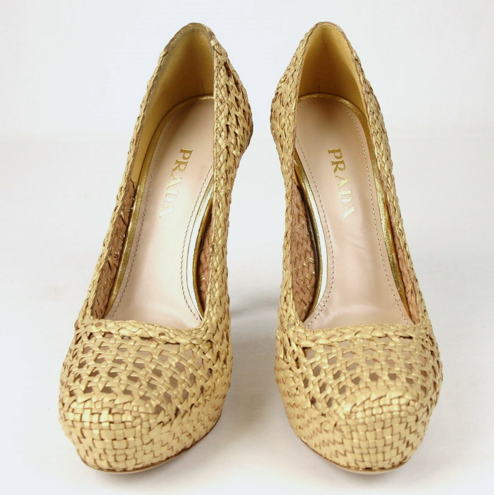 Pre-owned Prada Women's Gold Metallic Leather Woven Platform Pump Heel 1ip064