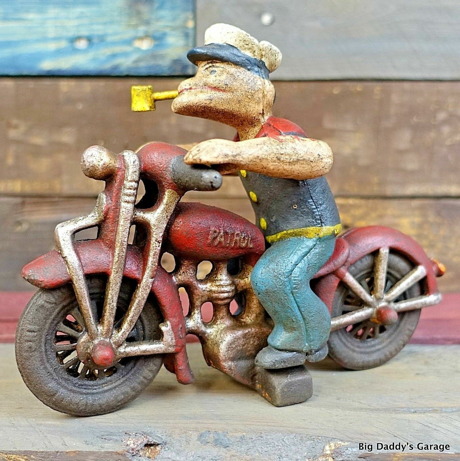Popeye On Harley Davidson Patrol Motorcycle, Cast Iron Popeye On Harley Davidson Patrol Motorcycle, Cast Iron