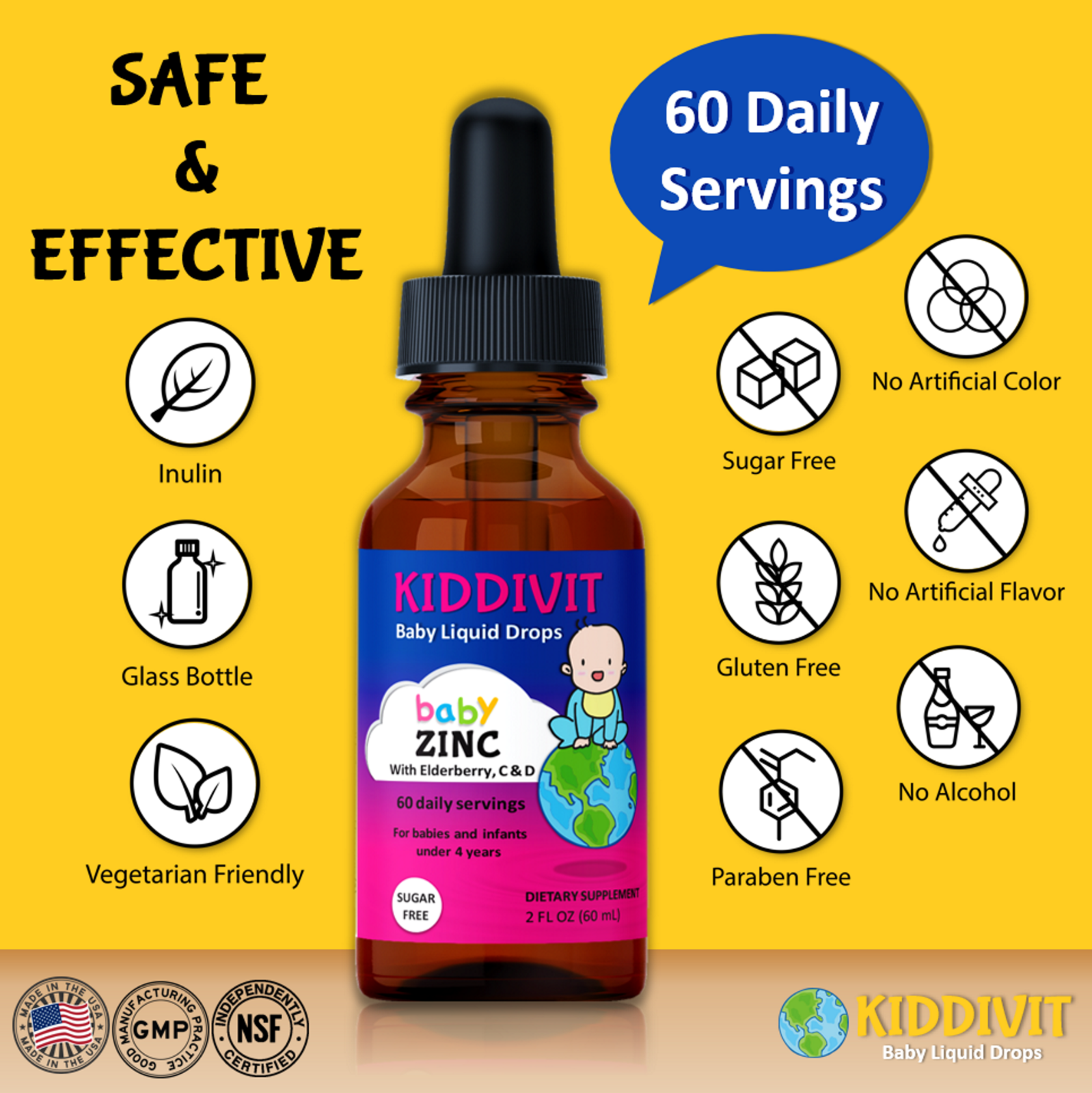 Kiddivit Baby Zinc Liquid Drops With Elderberry, Vitamin C & D3 Sugar