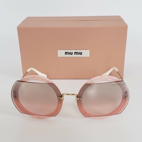 Pre-owned Miu Miu Glitter Mu 06ss Ar03-3b0 Pink Crystal Pave Round Mirrored Sunglasses In Pink Silver