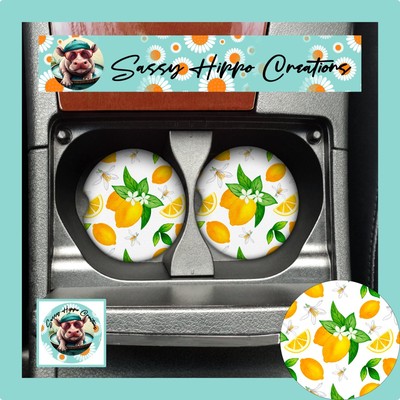 Car Coasters Lemon Citrus Summertime Flowers Set of 2 Neoprene Absorb Sublimated