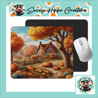 Mouse Pad Autumn Cottage Pumpkins Trees Leaves Fall Anti Slip Back Easy Clean