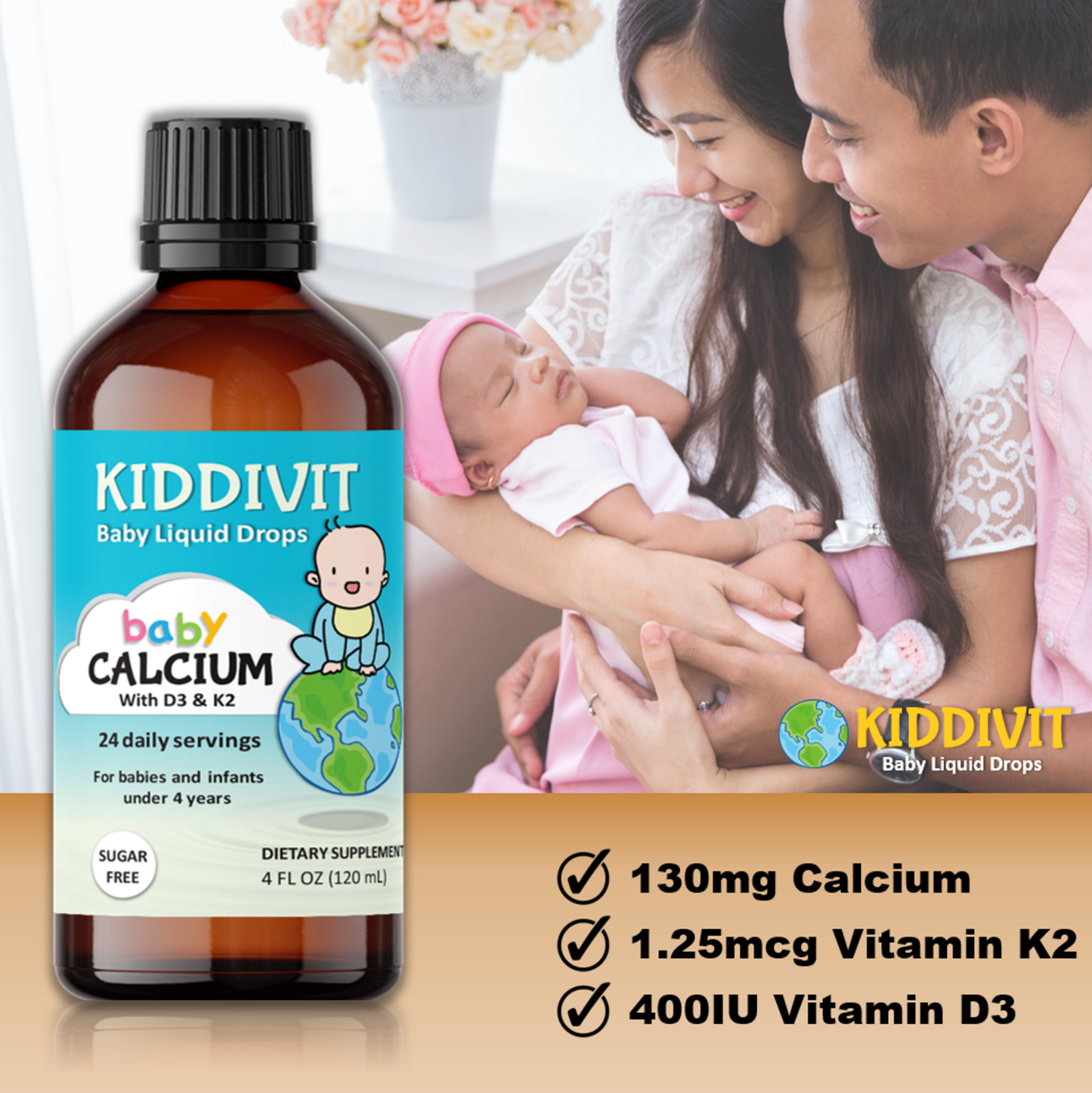 Kiddivit Baby Calcium Liquid Drops With Vitamin D3 & K2 - Sugar Free 3