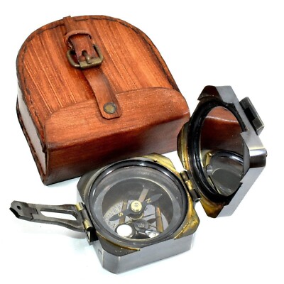 Nautical Compass And Leather Box Brass Maritime Brunton Compass Set of 5 Piece