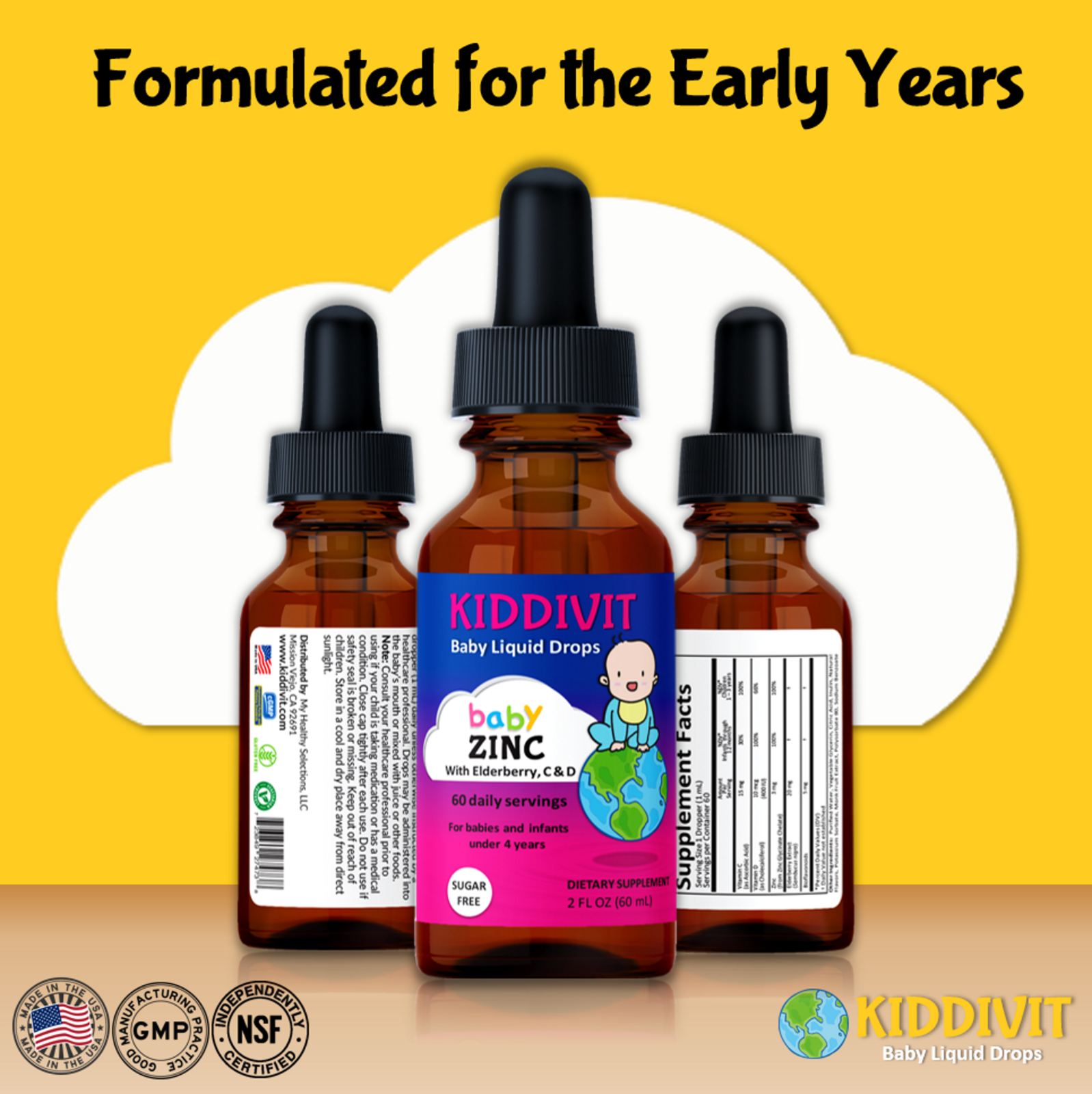 Kiddivit Baby Zinc Liquid Drops With Elderberry, Vitamin C & D3 Sugar