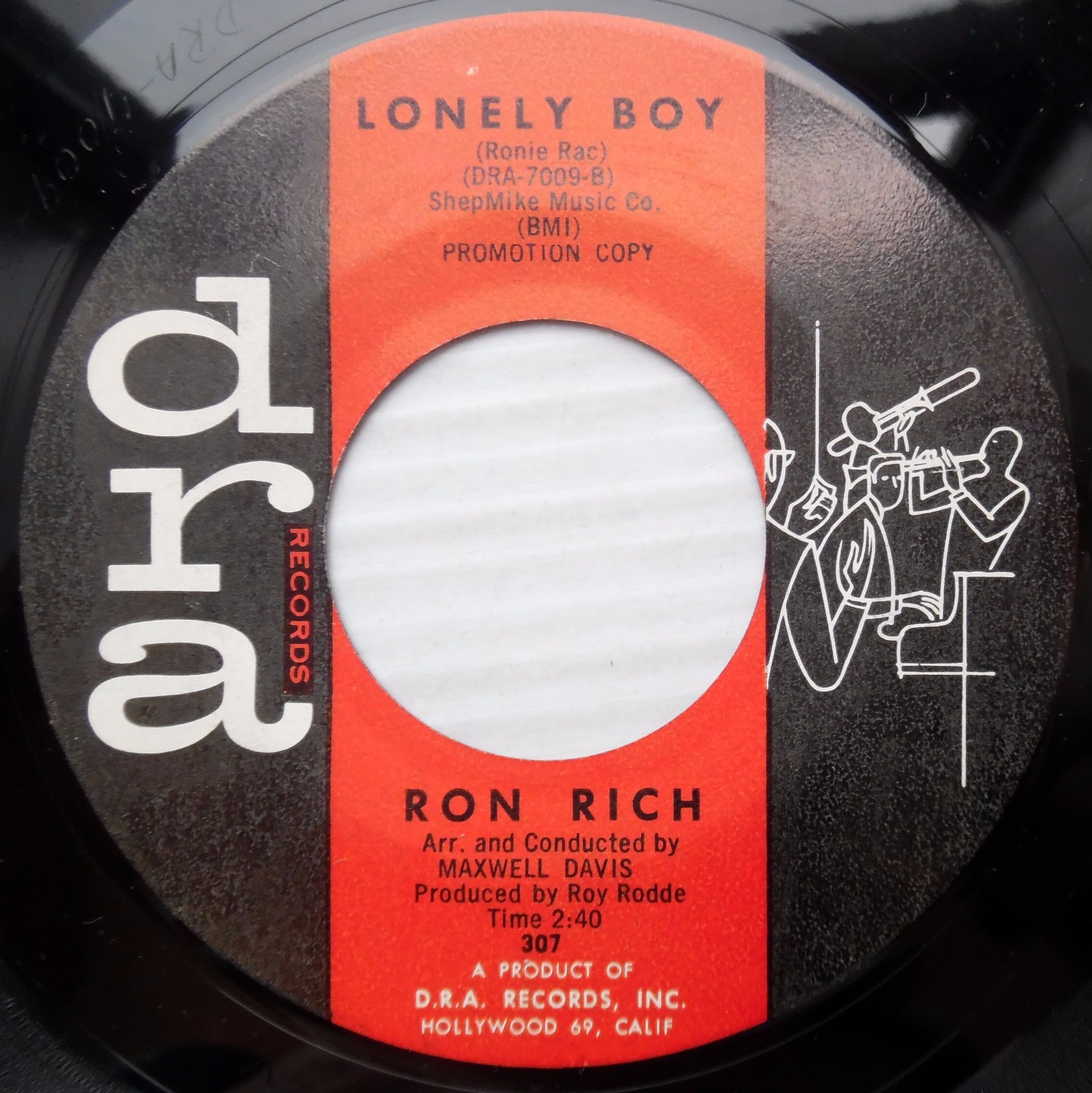 RON RICH teen pop original DRA label 45 LONELY BOY b/w THE