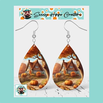 Earrings Autumn Cottage Pumpkins Trees Leaves Fall Season Time MDF Hook Backs