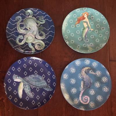 x4 REAL SIMPLE Melamine SALAD PLATE SET Mermaid Octopus Turtle Seahorse NWT   
