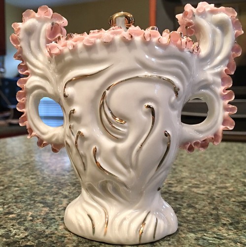 Vintage Capodimonte Style Bud Vase Holder w/ Pink Florals & Gold Accents