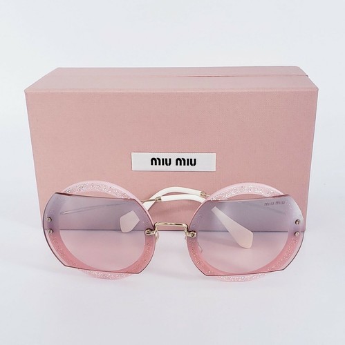 Pre-owned Miu Miu Glitter Mu 06ss Ar03-3b0 Pink Crystal Pave Round Mirrored Sunglasses In Pink Silver